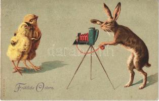 1909 Fröhliche Ostern / Easter greeting card, rabbit photographing chicken. litho (EK)