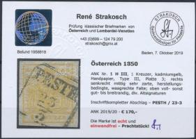 1kr HP III kadmiumsárga "PESTH" Certificate: Strakosch 1kr HP III cadmium "PESTH"...