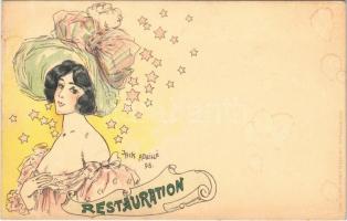 Restauration / Gently erotic Art Nouveau lady, restaurant. litho