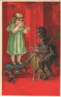 1909 Krampus with little girl. M.S.i.B. 13732. Emb. litho