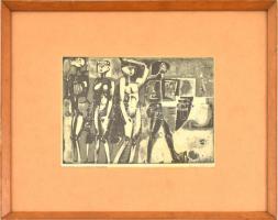 Konstantin László (1930-): Alakok. Rézkarc, papír, jelzett, kartonra kasírozva, üvegezett fa keretben, 13x16,5 cm
