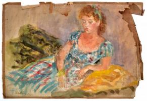 Elekfy jelzéssel: Pihenő nő. Akvarell, papír. Jelzett. 50x34 cm Beszakadásokkal