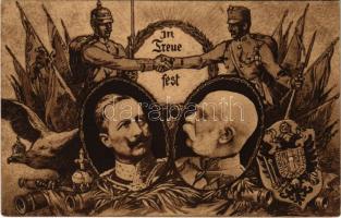 1915 In Treue fest! / WWI German and Austro-Hungarian K.u.K. military art postcard, Viribus Unitis propaganda, Wilhelm II, Franz Joseph I of Austria, coat of arms. Ottmar Zieher (EK)