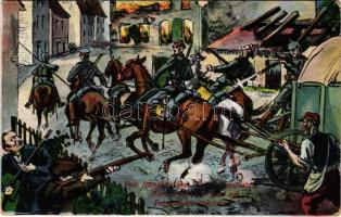 1915 Vom französischem Kriegsschauplatz Munitionskolonne wird von Franktireurs überfallen / WWI German military art postcard (EK)