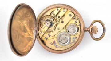 Arany(Au) 14K zsebóra, üveg nélkül, sérült mutatókkal, fém belső hátlappal, jelzett, d: 4,5 cm, brut...