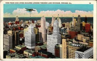 1937 Chicago (Illinois), view from Civic Opera building looking towards Lake Michigan, airplane. Century of Progress Chicago Worlds Fair 1933 (EK)