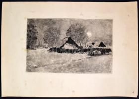 Csergezán Pál (1924-1996): Szekér a tanya előtt. Rézkarc, papír, jelzés nélkül, kisebb foltokkal, 24...