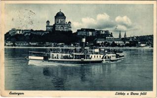 1938 Esztergom, látkép a Duna felől, gőzhajó, Bazilika (fl)