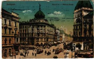 1920 Budapest VIII. Rákóczi út (Blaha Lujza tér), villamos, Gyógyszertár, üzletek, Takarékpénztár (EK)