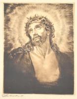 Prihoda István (1891-1956): Jézus. Rézkarc, papír, jelzett, lap tetején és szélén szakadással, törésnyomokkal, 30×24 cm