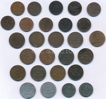 1926-1936. 1f Br (10xklf) + 1926-1940. 2f Br (13xklf, közte 1931-es évjárat) + 1940. 2f Fe + 1942. 2f Fe + 1943-1944. 2f Zn (2xklf) T:2-3 Adamo P1, P2, P2.1, P2.2, P2.3