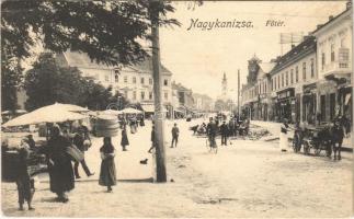 1914 Nagykanizsa, Fő tér, piac, Grünfeld, Weiss Jakab és Rosenberg üzlete (EK)