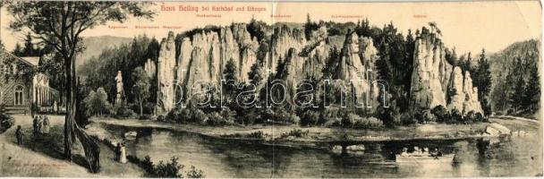 Karlovy Vary, Karlsbad; Hans-Heiling bei Karlsbad und Elbogen, Hans-Heiling-Felsen / natural monument, mountains, river, boat. Anton Pössl Restaurateur. folding panoramacard (EB)