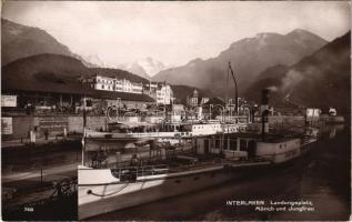 Interlaken, Landungsplatz, Mönch und Jungfrau / ship station, steamships, quay, mountains. Art. Perrochet & David