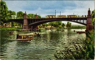 Stuttgart, Cannstatt, König-Karlsbrücke / bridge, tram, rowing boats. Farbenphotografische Kunstkarte Nr. 630.