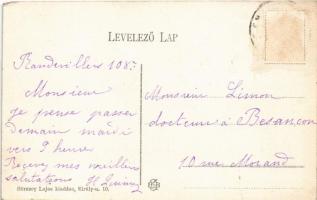 Győr, Újváros a Rábcával a sziget felől nézve, gőzhajó, gyógyszertár, zsinagóga. Börzsey Lajos kiadá...