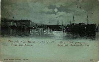 1901 Fiume, Rijeka; Porto e Dock galleggiante / Hafen und schwimmendes Dock / kikötő és úszódokk / port, floating dock (apró lyuk / tiny hole)
