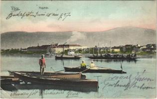 1907 Vác, fegyház a Dunáról nézve, evezősök csónakban, gőzhajó (EK)