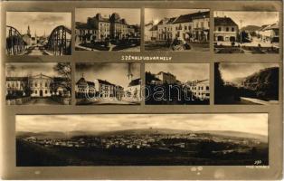 1940 Székelyudvarhely, Odorheiu Secuiesc; Állami főreáliskola, híd, Megyeháza, üzletek, Református kollégium / school, bridge, county hall, shops, Calvinist boarding school. Kováts István photo + "1940 Székelyudvarhely viszatért" So. Stpl. (EK)