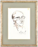 Holló László (1887-1976): Portré. Tus, papír, jelzett, lap tetején paszpartuzás nyomaival, fa keretb...