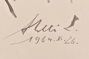 Holló László (1887-1976): Portré. Tus, papír, jelzett, lap tetején paszpartuzás nyomaival, fa keretb...