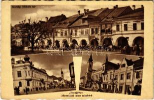 1942 Beszterce, Bistritz, Bistrita; Mussolini utca, Horthy Miklós tér, üzletek / street view, square, shops (EK)