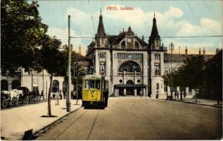 1921 Pécs, Indóház, vasútállomás, villamos, lovaskocsik. Elek Albert kiadása