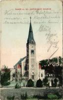 1907 Aszód, M. kir. javítóintézeti templom + M.SZIGET - MISKOLCZ - BUDAPEST 34. SZ. vasúti mozgóposta bélyegző (gyűrődés / crease)