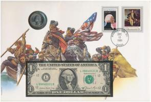 Amerikai Egyesült Államok érmés és bankjegyes, pecsételt boríték benne 1976. 25c Cu-Ni érmével és 1981. 2$ bankjeggyel a PHILSWISS kiadásában, német leírással T:1,I