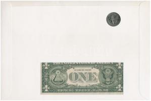 Amerikai Egyesült Államok érmés és bankjegyes, pecsételt boríték benne 1976. 25c Cu-Ni érmével és 19...