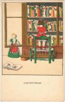 A Könyvmoly. Egy jó kislány viselt dolgai II. sorozat 4. szám / Bookworm. Hungarian art postcard s: Kozma Lajos