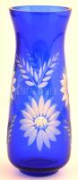 Kék, metszett, kristály váza, hibátlan, m: 22,5 cm