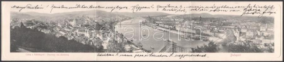 1904 Budapest, Látkép a Gellérthegyről, felállványozott, épülő Erzsébet híd, Tabán, vár. Kihajtható 3-részes panorámalap / foldable 3-tiled panoramacard