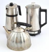 Fém teáskancsó, kopottas állapotban, 21x22 cm + fém kávéfőző, kopottas állapotban, m: 25,5 cm + fém elektromos melegítő, kopottas állapotban, 27 cm