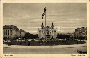 1941 Kolozsvár, Cluj; Hitler Adolf tér, Országzászló, Nemzeti Színház, magyar címer, automobilok / square, Hungarian flag, National Theatre, Hungarian coat of arms, automobiles (EK)