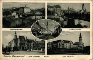 1942 Nagyvárad, Oradea; Körös-parti rész, híd, Szent László tér, Fő utca / Cris riverside, bridge, square, main street (EK)