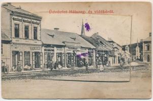 1909 Hátszeg, Hateg; Fő tér üzletekkel. Kendoff A. és Fia kiadása. leporello / main square, shops. leporellocard (fl)