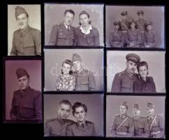 cca 1948 Kiskunfélegyháza, katonák a műteremben, Mosonyi Antalné (?-?), (Marika fotó) kiskunfélegyházi műtermében készült 13 db vintage síkfilm NEGATÍV, 9x12 cm és 12x16 cm között
