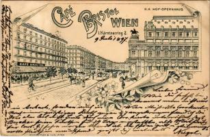 1897 (Vorläufer!) Wien, Vienna, Bécs I. Cafe Bristol, horse-drawn trams. Kärntnerring 2. Art Nouveau, floral