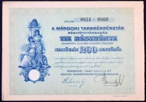 Mándok 1927. "Mándoki Takarékpénztár Részvénytársaság" tíz részvénye egyben, összesen 200P...