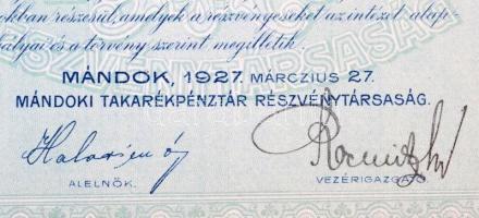 Mándok 1927. "Mándoki Takarékpénztár Részvénytársaság" tíz részvénye egyben, összesen 200P...