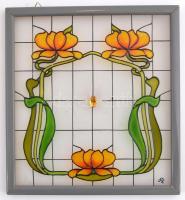 KL jelzésű virágmintás ólomüveg kép, 27,5x25,5 cm