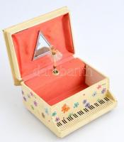 Zongora alakú, zenélő ékszeres dobozka, táncoló balerinával, kopásokkal, 10x13,5x16 cm