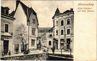 1918 Mürzzuschlag, Hotel Elephant und Cafe Zauner, Gasthof zum Elephant, Leopold Mersich Filiale / hotel, cafe, shop