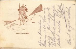 1916 Előőrs. Tábori Postai Levelezőlap / Patroullenritt / WWI Austro-Hungarian K.u.K. military field postcard, patrol. artist signed (EK)