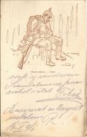 1916 Pihenés közben. Tábori Postai Levelezőlap / Rast / WWI German and Austro-Hungarian K.u.K. military field postcard, patrol. artist signed (EK)