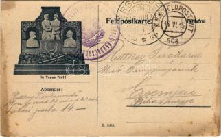 1915 In Treue fest! / WWI Austro-Hungarian K.u.K. military field postcard, Viribus Unitis propaganda, Wilhelm II, Franz Joseph (fl)