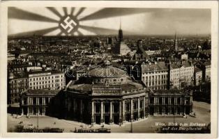 1938 Wien, Vienna, Bécs I. Blick vom Rathaus auf das Burgtheater / view from the town hall to the theatre, trams, swastika montage. NSDAP German Nazi Party propaganda (EK)
