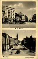 1942 Munkács, Mukacheve, Mukacevo; Horthy Miklós tér, Kossuth Lajos utca. Kárpátaljai Hangya Szövetkezet kiadása / square, street view (EK)