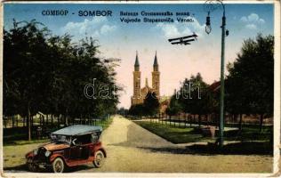 1941 Zombor, Sombor; Vojvode Stepanovica Venac / utca, templom, automobil, repülőgép / street view, church, automobile, airplane + 1941 Zombor visszatért So. Stpl. (EB)